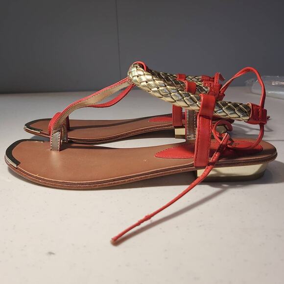 Isola Coral Orange Cleopatra Gold Braided Tie Back Thong Sandals Women's 6 - Picture 3 of 10